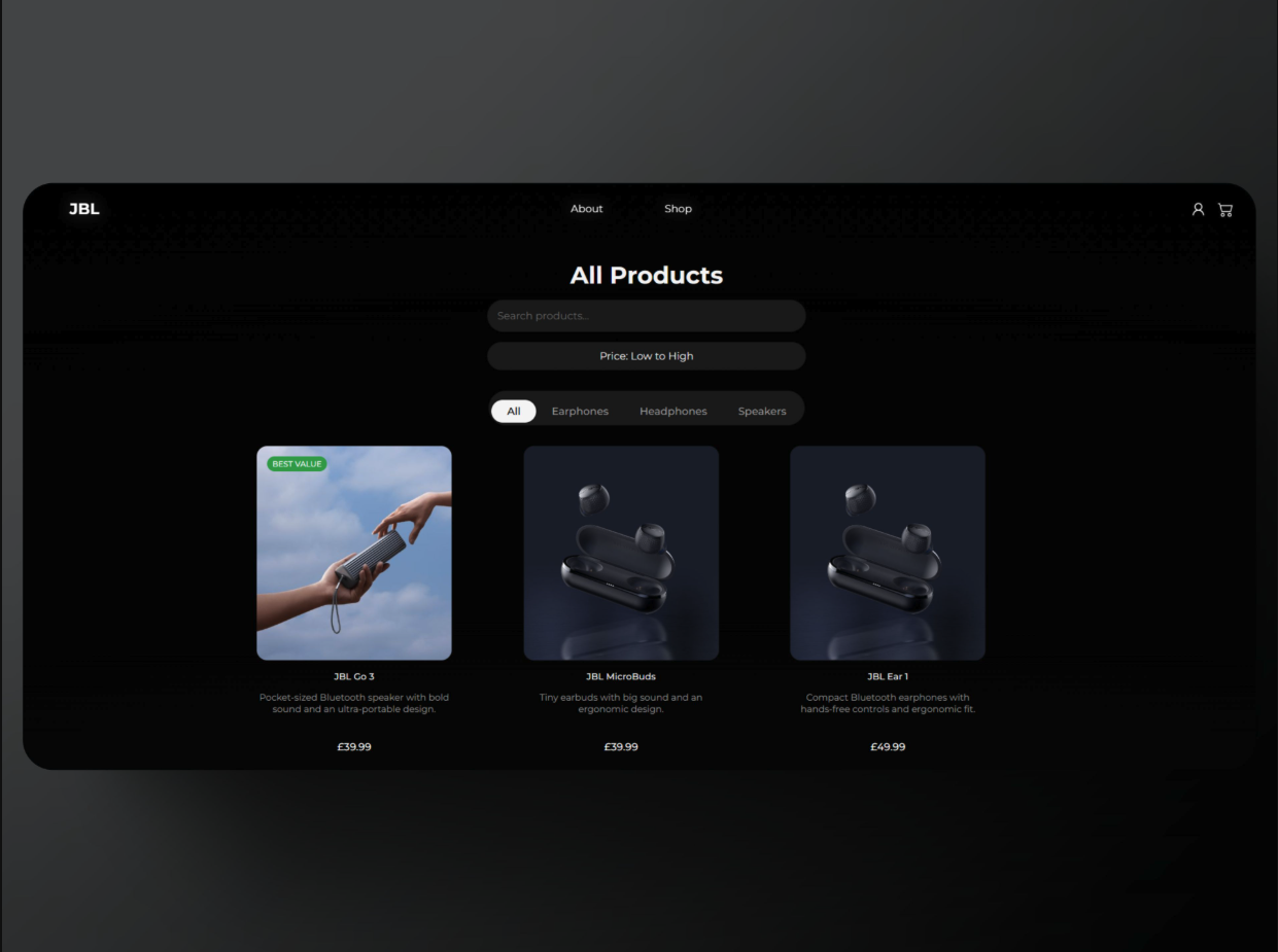 All products page with filters and pricing